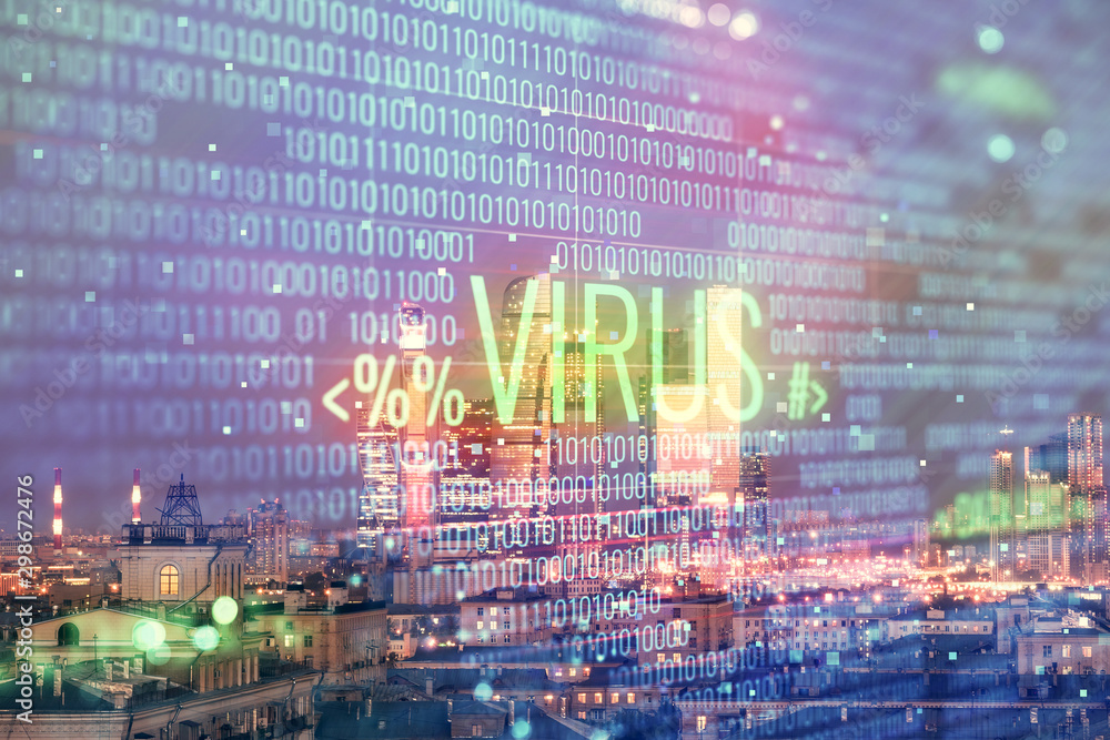 Poster double exposure of hacking theme drawing hologram on cityscape background. concept of data cyber pir