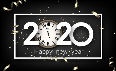 Black happy New Year background with white paper 3d 2020 nubmers and frame.