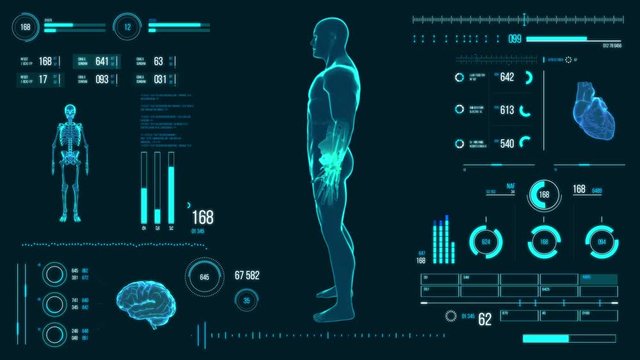 Futuristic medical user interface with HUD and infographic elements. Virtual technology background. Head-up display template for business, games, motion design, web and app. Human anatomy scan.