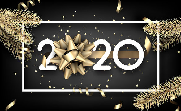 Happy New Year 2020 card with gold fir branches, confetti and satin bow.