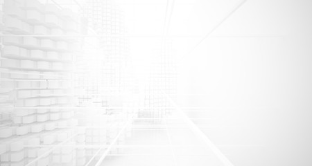 Abstract white architectural interior from an array of white cubes with large windows. 3D illustration and rendering.