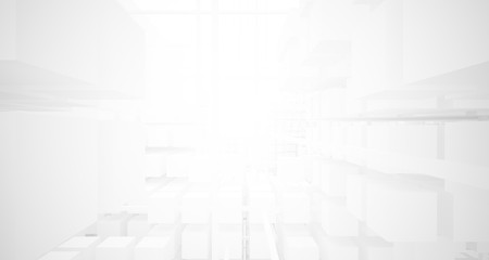 Abstract white architectural interior from an array of white cubes with large windows. 3D illustration and rendering.