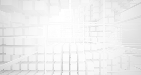 Abstract white architectural interior from an array of white cubes with large windows. 3D illustration and rendering.