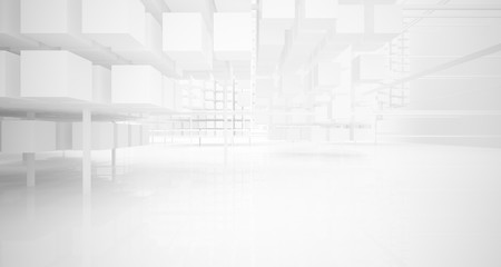 Fototapeta premium Streszczenie białe wnętrze architektoniczne z szeregu białych kostek z dużymi oknami. Ilustracja i renderowanie 3D.