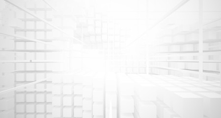 Abstract white architectural interior from an array of white cubes with large windows. 3D illustration and rendering.