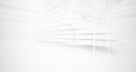 Abstract white architectural interior from an array of white cubes with large windows. 3D illustration and rendering.