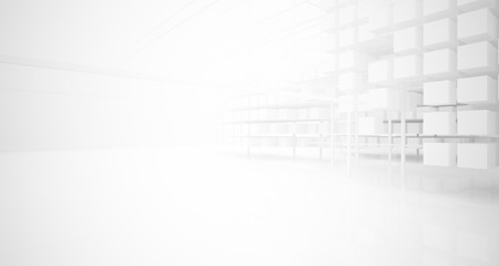 Abstract white architectural interior from an array of white cubes with large windows. 3D illustration and rendering.