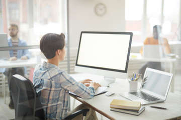 Back view portrait of modern young woman using computer in office, focus on blank white screen, copy space