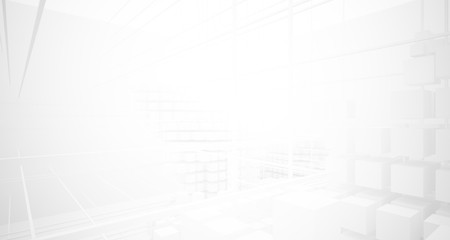 Abstract white architectural interior from an array of white cubes with large windows. 3D illustration and rendering.