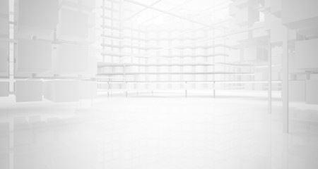 Abstract white architectural interior from an array of white cubes with large windows. 3D illustration and rendering.