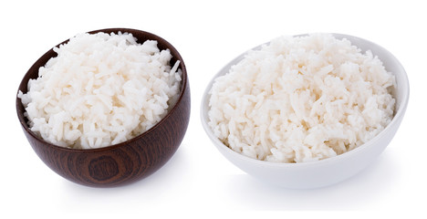 Rice in a bowl on a white background. top view