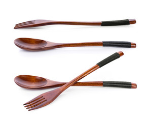 wooden spoon and fork isolated on white background