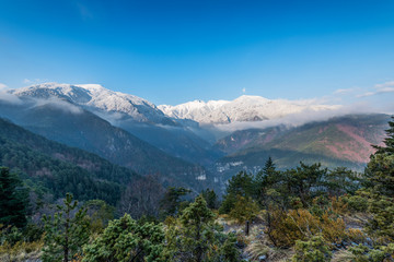 Fototapeta premium Landscape at Olympus mountain with forest and the high peaks in the background