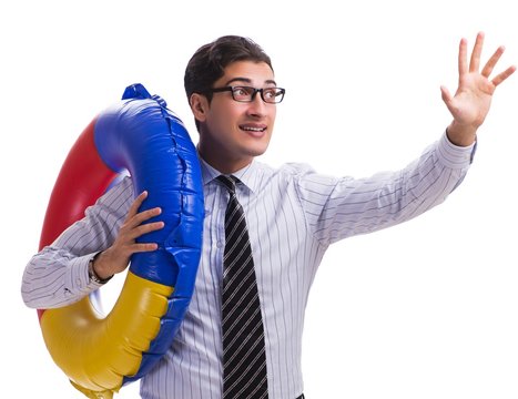 Young businessman with life buoy isolated on white background