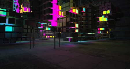 Abstract architectural concrete interior from an array of white cubes with color gradient neon lighting. 3D illustration and rendering.