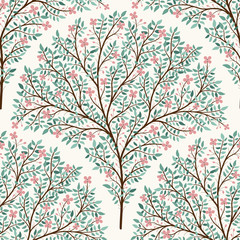 Blossoming tree Scallop seamless vector pattern, Cherry blossom on tree branches with leaves and twigs