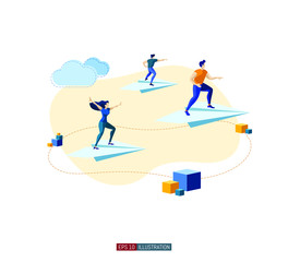 Trendy flat illustration. People fly on paper airplanes. Teamwork concept. Globalization. International business. Competition. Goal achievement. Template for your design works. Vector graphics.