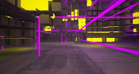 Abstract architectural concrete interior from an array of white cubes with color gradient neon lighting. 3D illustration and rendering.