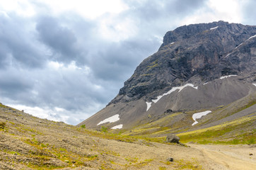 Mountain tundra with mosses and rocks covered with lichens, Hibiny mountains above the Arctic circle, Kola peninsula, Murmansk region, Russia