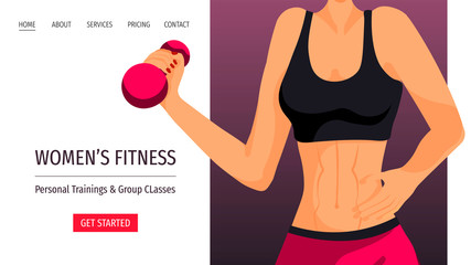 Fototapeta na wymiar Landing page design for Fitness, Sport center, Healthy lifestyle, Training concept. Fitness woman with dumbbell. Vector illustration for poster, banner, placard, website, flyer.