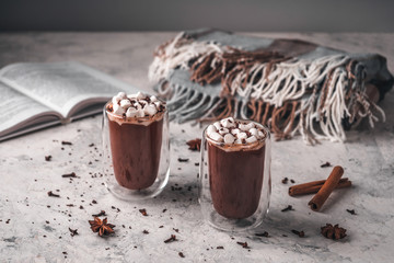 Two glasses of hot cocoa with marshmallows and chocolate chips on a background of scattered cloves, chocolate, star anise and cinnamon, with a book and a blanket in the background