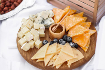 Assortment, various, types, cheese, wooden, board, white, background