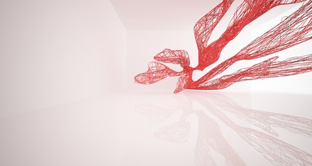 Abstract smooth architectural red and wire black gloss interior  with large windows. 3D illustration and rendering.