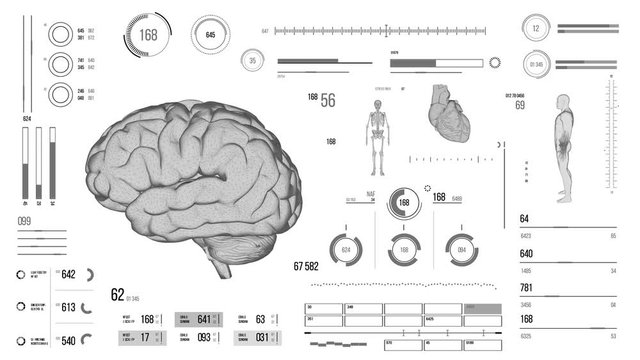 Human brain scan. Futuristic medical user interface with HUD and infographic elements. Virtual technology background. Head-up display template for business, games, motion design, web and app.
