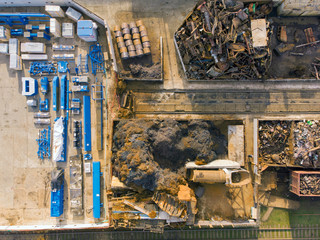 Aerial view of scrap metal recycling yard. Top view.