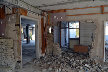 Fototapeta na wymiar Ghost town in Eastern Europe.Former Soviet kids camp.Ukraine gets rid of the consequences of communism. Ruins. . Kiev Region,Ukraine