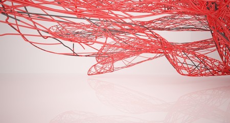 Abstract smooth architectural red and wire black gloss interior  with large windows. 3D illustration and rendering.