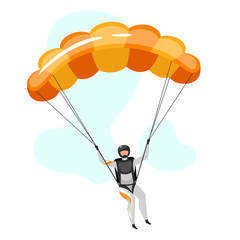Parachuting flat vector illustration. Skydiving, paragliding experience. Extreme sports. Active lifestyle. Outdoor activities. Sportsman with parachute isolated cartoon character on blue background