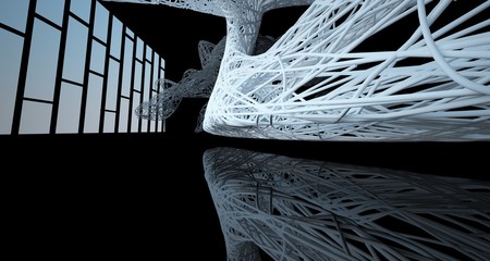 Abstract smooth architectural white and wire black gloss interior  with large windows. 3D illustration and rendering.