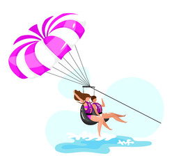 Parasailing flat vector illustration. Extreme sports experience. Active lifestyle. Summer vacation fun activities. Ocean turquoise waves. Couple isolated cartoon character on blue background