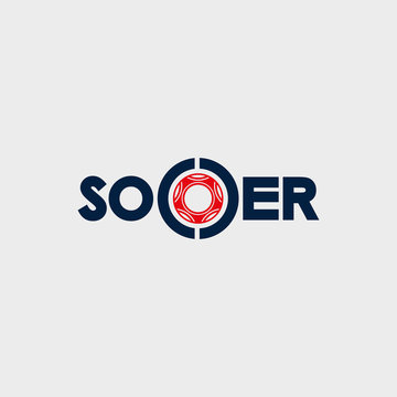 Vector stylish illustration of the inscription of the word Soccer. Soccer ball in a circle. Sign, symbol, logo on the football theme on grey background.