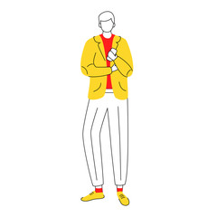 Male office worker flat contour vector illustration. Company manager. Young entrepreneur. Businessman in formal clothes with smartphone isolated faceless cartoon character on white background