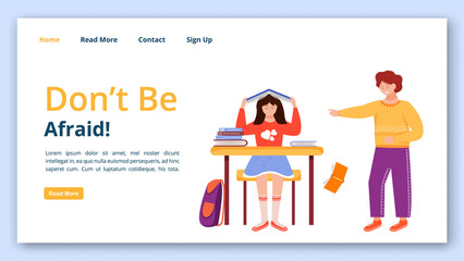 Don’t be afraid landing page vector template.Trouble relationship website interface idea with flat illustrations. School pupils bullying. Classmates quarrel homepage layout, webpage cartoon concept