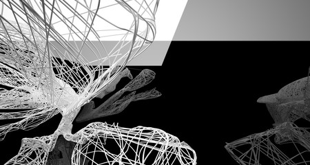 Abstract smooth architectural white and wire black gloss interior  with large windows. 3D illustration and rendering.