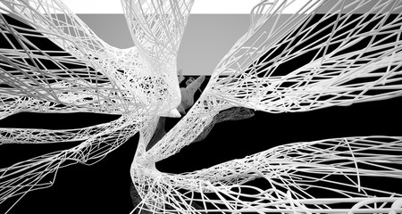 Abstract smooth architectural white and wire black gloss interior  with large windows. 3D illustration and rendering.