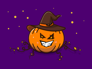 devil smile halloween pumpkin in hat on light background