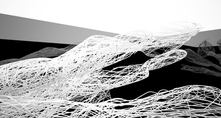 Abstract smooth architectural white and wire black gloss interior  with large windows. 3D illustration and rendering.