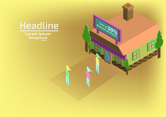 Vector illustration, people are traveling to stores, 50% discount