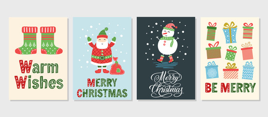 Set of Merry Christmas and New Year greeting cards with Santa Claus, snowman, gift box, hand lettering sign. Holiday cartoon vector illustration. Colorful funny hand drawn template.