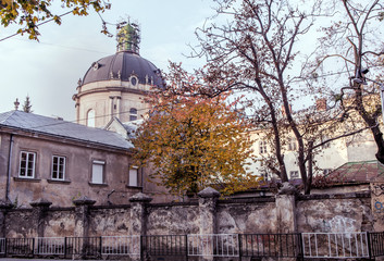 Lviv, Ukraine - October 18, 2019: Exterior view of historic Ukrainian city, Dominican Church building architecture in the moring