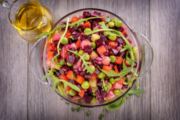 Wenigred salad. Vegetable salad. Traditional vegetarian Russian salad snack vinaigrette in rustic recipe-.Beet Salad.