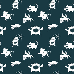 Children's seamless pattern with white monsters on dark blue background. Child decorative wallpaper design.