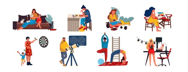 People at home. Cartoon characters relaxing and doing home activities, listening music, cooking reading and playing. Vector illustrations weekend relax with dog, relaxing routines, hobby occupation