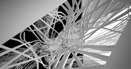 Abstract smooth architectural white and wire black gloss interior  with large windows. 3D illustration and rendering.