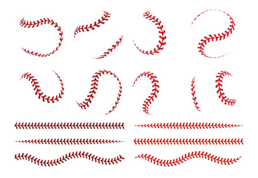 Baseball ball lace. Spherical curve and straight red stroke lines of softball ball. Vector graphic elements for sport logo and banners with leather lacing white objects