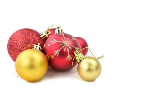 Gold and red balls for chrismas ornament on white background